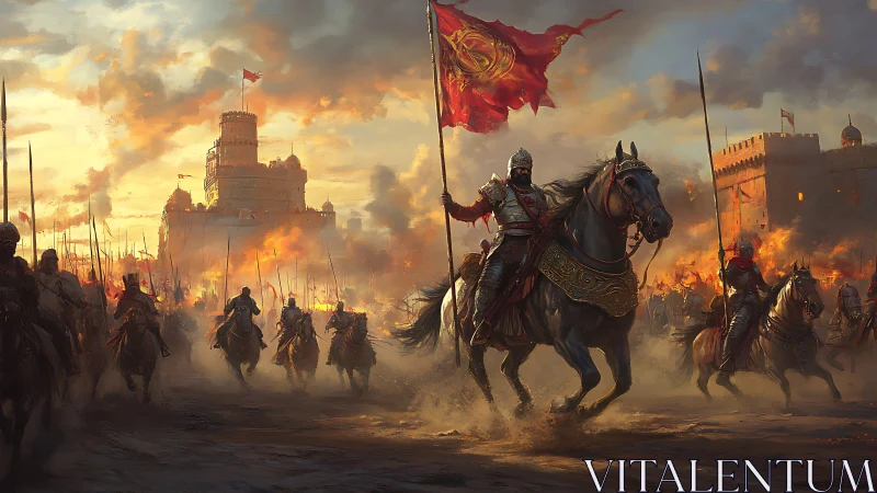 Triumphant cavalry charge before burning fortress at dusk.