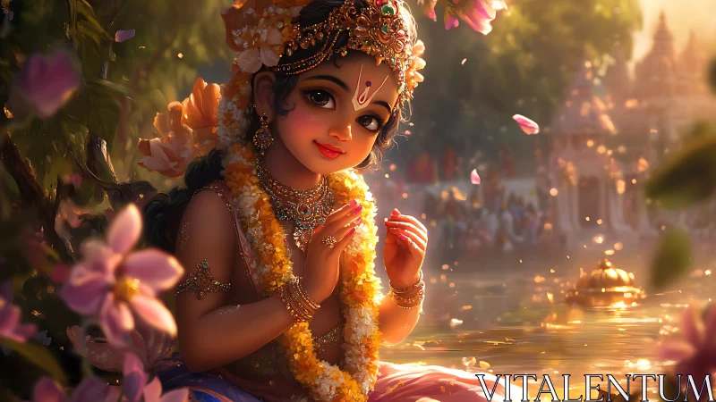 Sunlit child deity by the river in blossoms and gold.