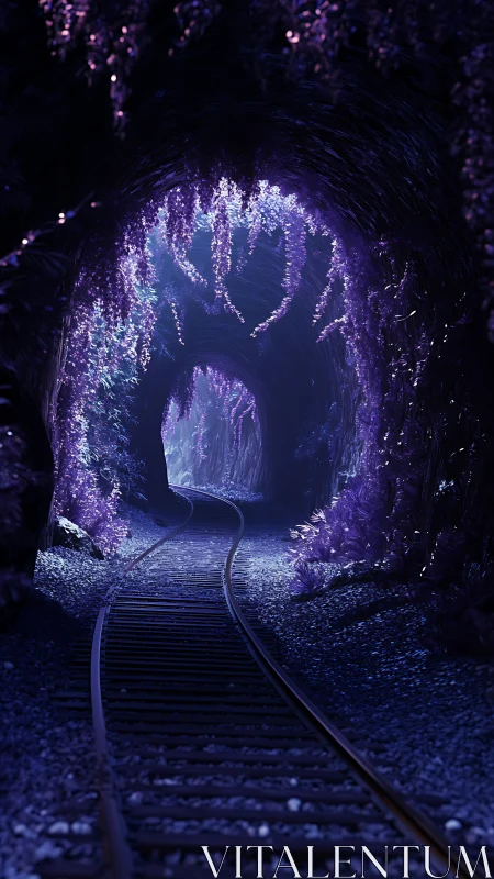 Curved railway track passes through luminous violet tunnel
