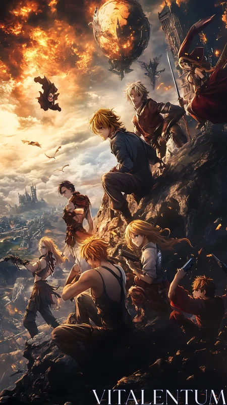 Fantasy warriors assemble on cliff amid burning sky battle