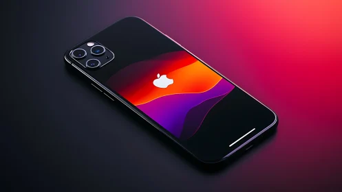 Jet Black Smartphone Displays Vibrant Apple Wallpaper in Neon Glory