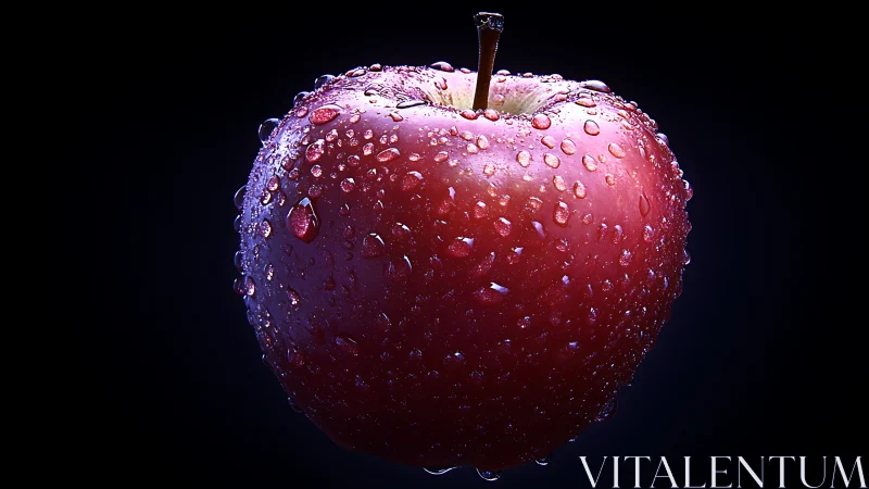 Dew-covered red apple glows dramatically against dark void