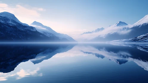 Symmetrical snow-covered mountain range reflected on lake.