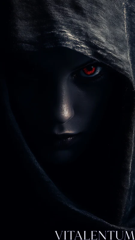 Hooded shadow with a single burning crimson gaze poised.