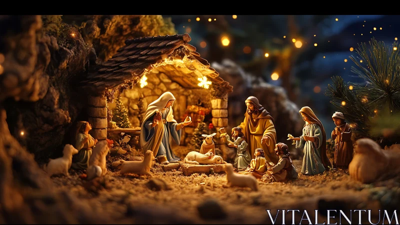 Nativity scene diorama depicts figurines in illuminated stable