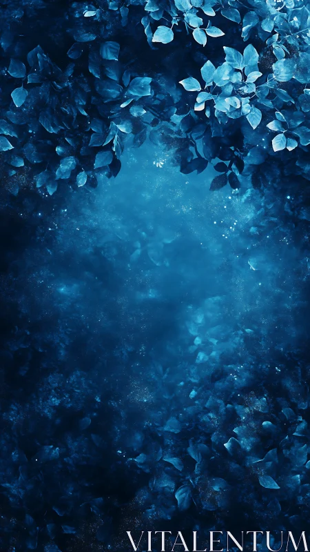 Deep blue leafy frame with glowing misty background.