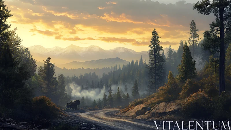 Mountain landscape with forested valley and sunset atmospheric conditions