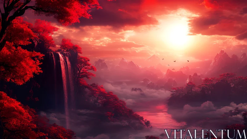 Crimson fantasy valley glows under immense setting sun