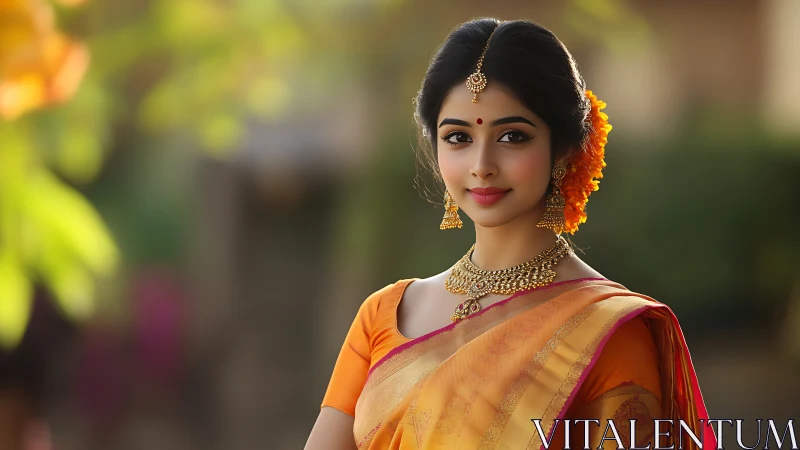 Smiling woman in traditional Indian saree poses outdoors