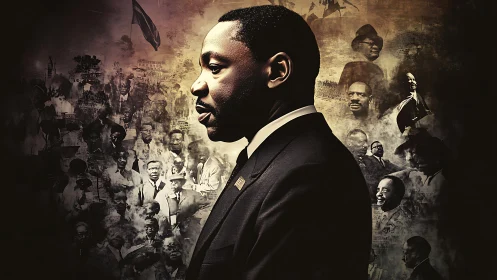 Side-lit civil rights leader portrait with historic crowd montage