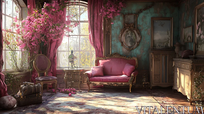 Ornate sitting room with pink sofa and abundant florals.