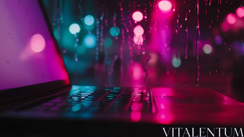 Neon-lit laptop keyboard near rain streaked window at night