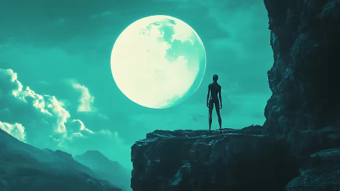 Silhouetted humanoid stands on rocky ledge under oversized moon