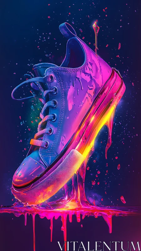 Neon sneaker suspended in dripping fluorescent paint.