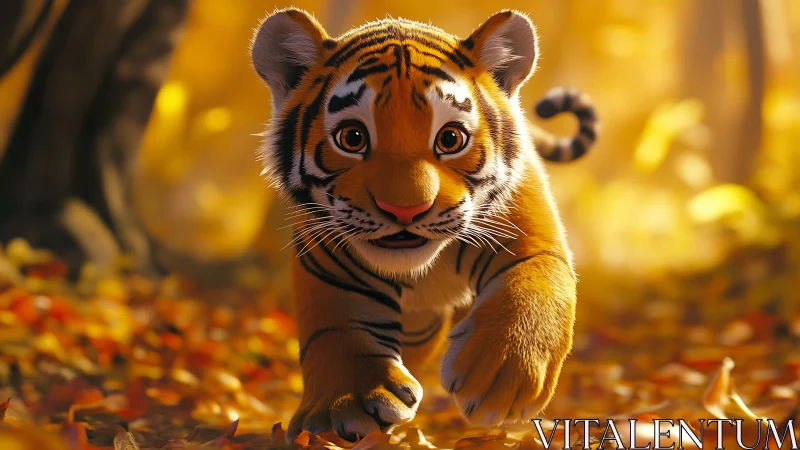 Playful tiger cub rendered in warm cinematic digital painting