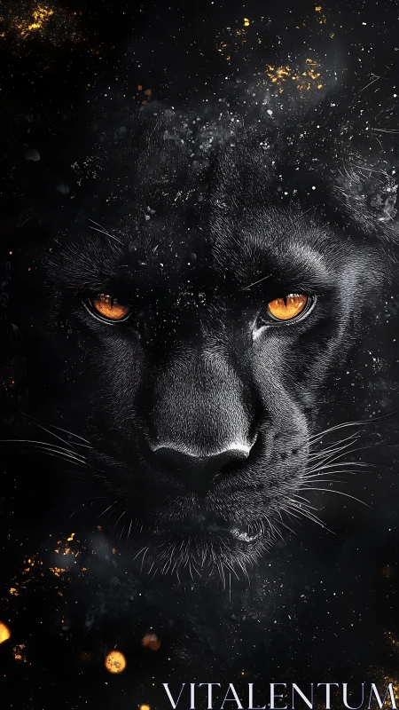 Black Feline Portrait with Luminous Amber Eyes and Particle Effects