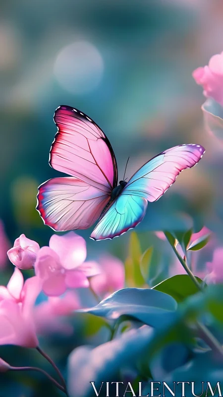 Pastel butterfly hovers over orchids in soft bokeh garden.