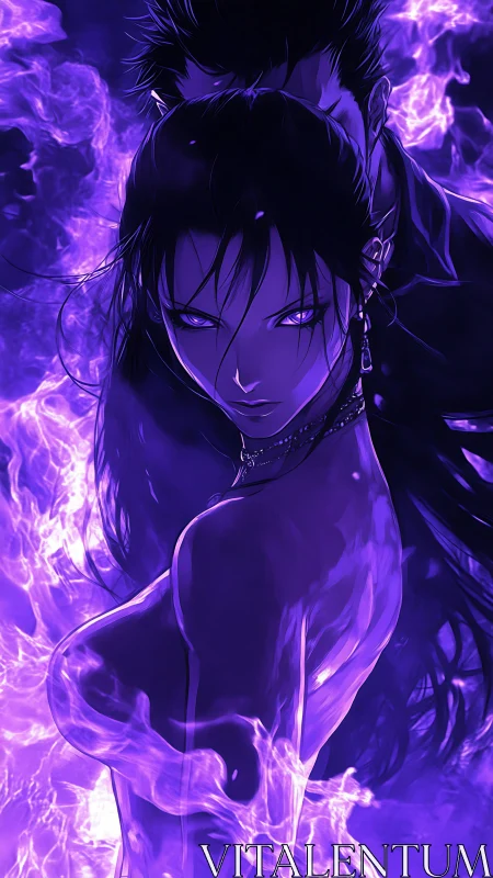 Enigmatic purple flame lovers wrapped in vivid neon glow.