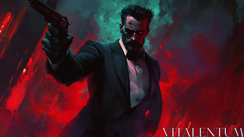 Noir avenger strides through neon fire with drawn pistol.