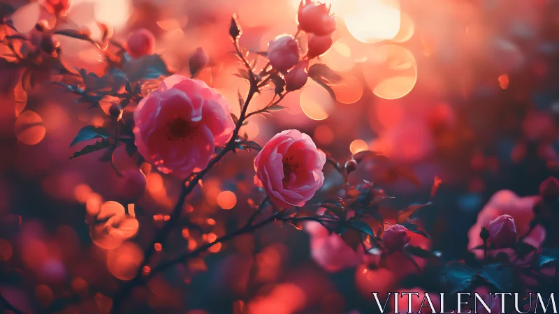 Luminous Garden at Twilight: Roses Bathed in Warm Bokeh.