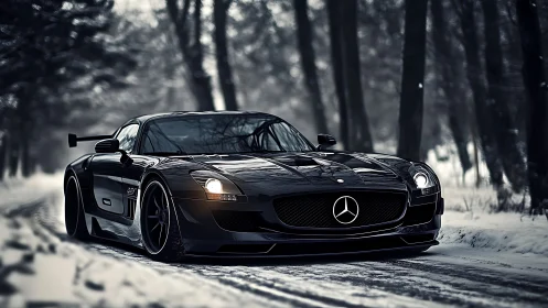 Photorealistic black supercar on snowy forest road at dusk.