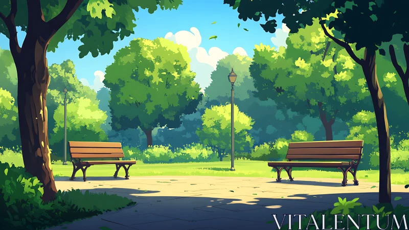 Two wooden benches face each other in a tree-lined park