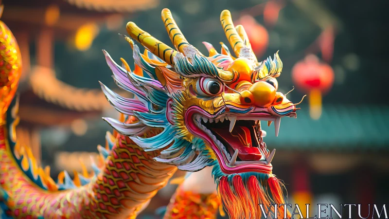 Multicolored Chinese dragon sculpture in outdoor setting.
