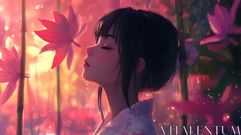 Auroral bokeh portrait of meditative girl amid lotus stalks.