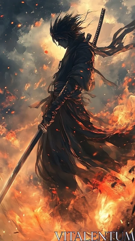 Flame-lit samurai warrior silhouette in blazing inferno.