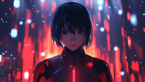 Neon-lit cyber warrior in glowing red data cascade.