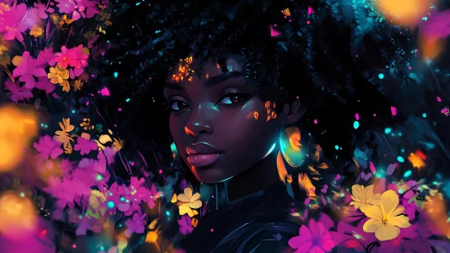 Midnight muse crowned in neon blossoms and quiet starlight.