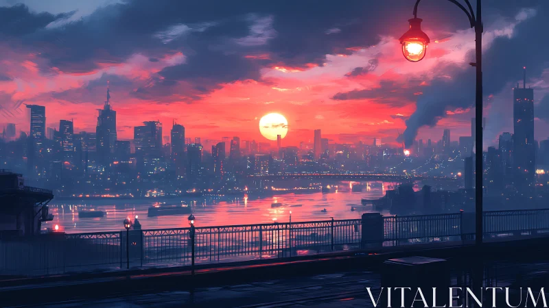 Digital city skyline shows sunset over river and bridge