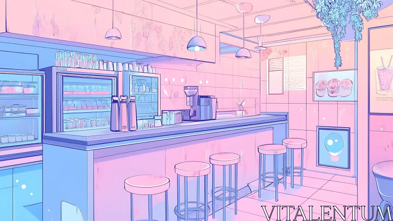 Soft pastel café counter glows with dreamy inviting light