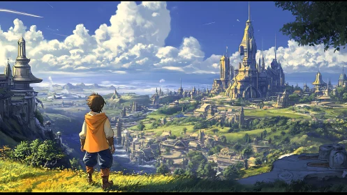 Young explorer overlooking luminous fantasy citadel.