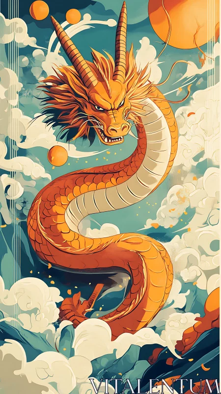 Coiled celestial dragon rendered with dynamic cel-shaded contours and clouds