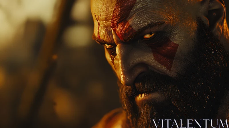 Warrior closeup with crimson warpaint and burning gaze.