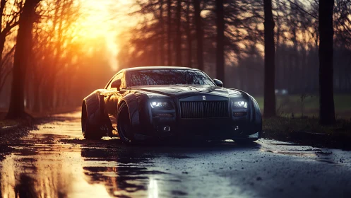 Evening luxury coupe waits on a quiet, rain-soaked road