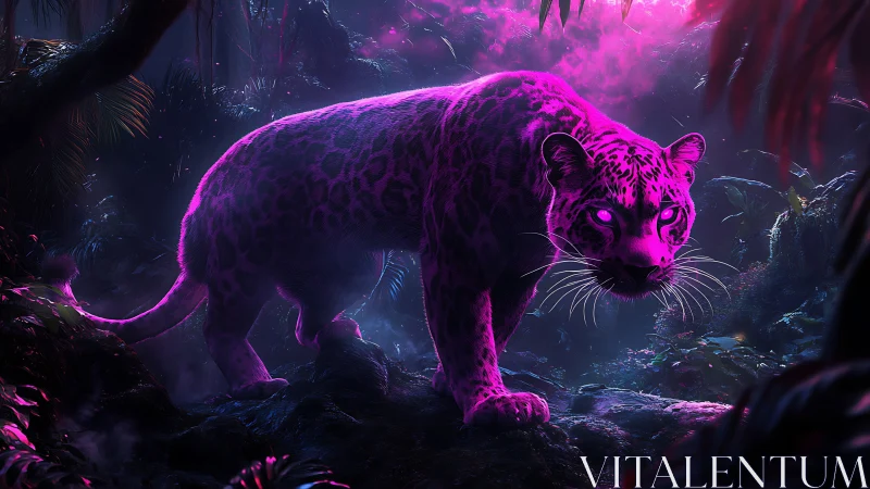 Neon Jaguar Emerges from Mystical Jungle Darkness.