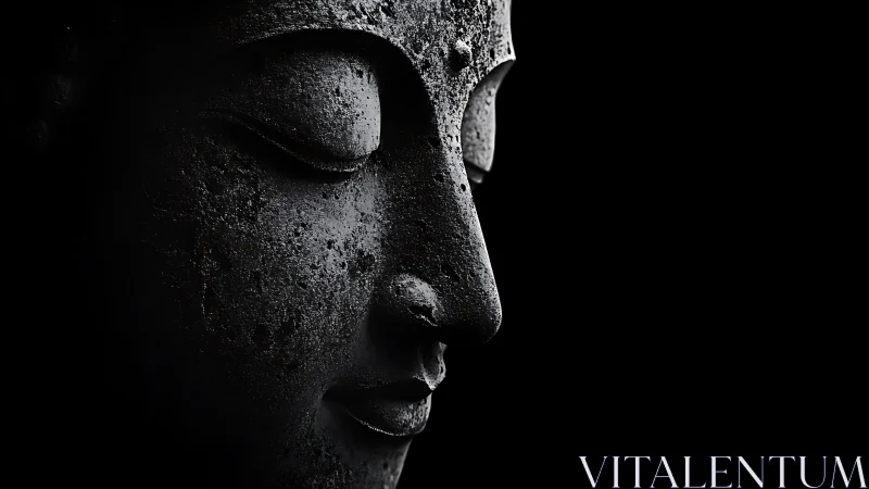 Serene stone Buddha profile emerges from deep shadowed black.