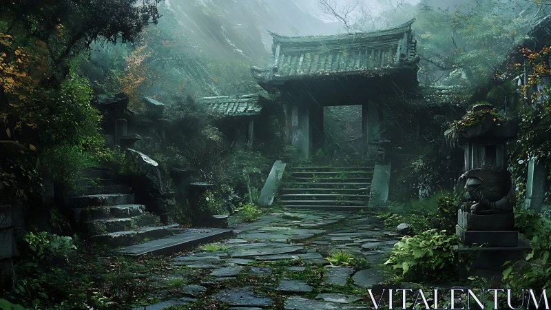 Moss-covered temple gate in misty overgrown forest ruins.