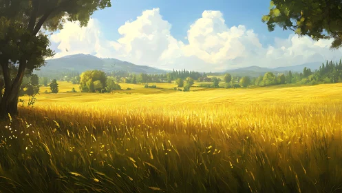 Sunlit wheat sea drifting beneath roaming summer clouds.