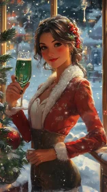 Festive woman with green drink by snowy Christmas window.