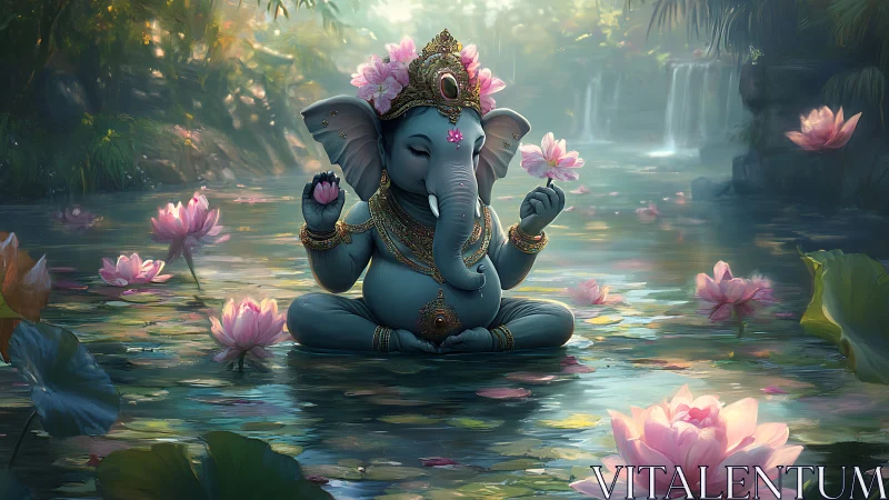 Serene elephant deity meditates amid luminous lotus pond