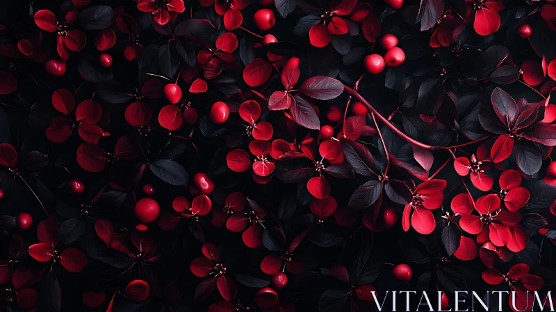 High-contrast macro study of crimson berries and dark foliage