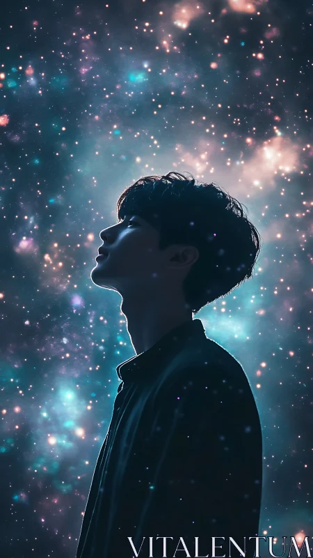 Male silhouette in cosmic nebula field rendered as digital portrait