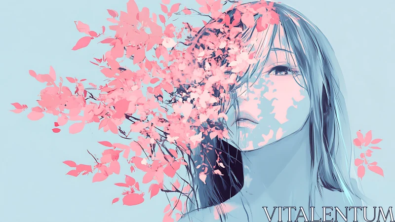 Petal-dusted gaze drifting through soft cyan silence.