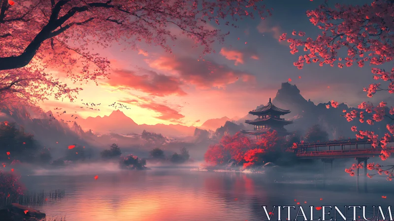 Twilight pagoda beside misty lake under crimson blossoms.