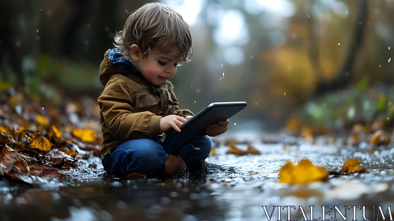 Child splashing in autumn stream with tablet device.
