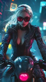 Cyberpunk biker woman in black leather on neon lit street.