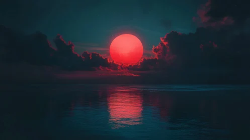 Crimson celestial moon sinks into a tranquil dark ocean.